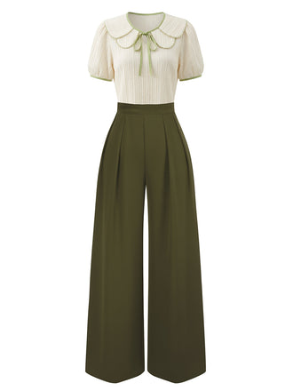 Grün 1930er Baumwolle Peter-Pan Kragen Puffärmel Jumpsuit