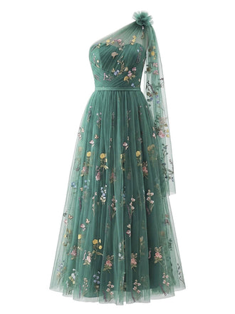 Grünes, schulterfreies Tüll-Maxikleid mit Blumenstickerei für formelle Anlässe im Vintage-Stil der 1930er Jahre