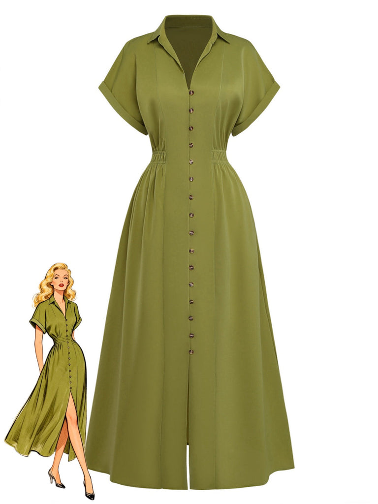 Grünes Kleid mit kurzen Ärmeln und Knöpfen auf weißem Hintergrund