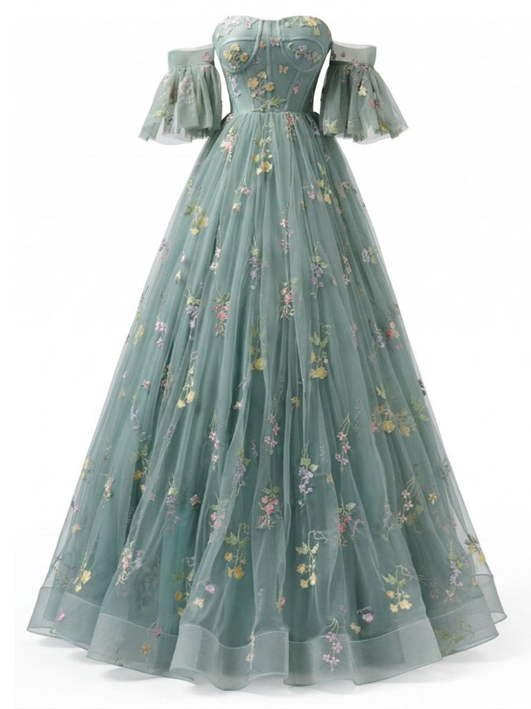 Grün 1930er Schulterfrei Blumen Bestickt Tüll Maxi Kleid