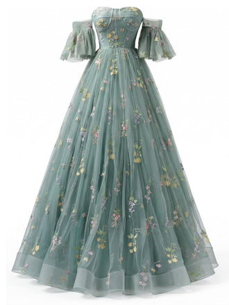 Grün 1930er Schulterfrei Blumen Bestickt Tüll Maxi Kleid