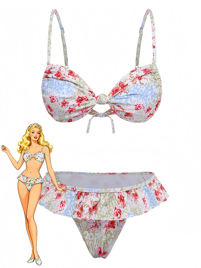 Grüner Vintage-Bikini mit Rüschen im Stil der 1950er Jahre mit Blumenmuster – Vintage-Mode, Retro-Stil