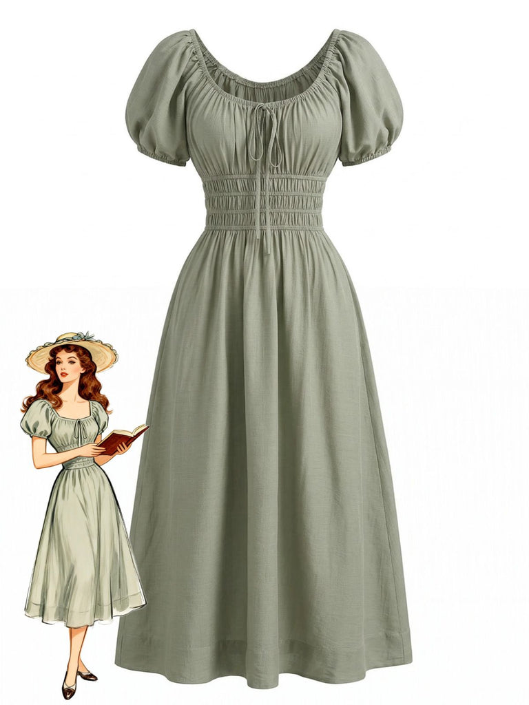 Grünes Boho-Kleid im Stil der 1950er Jahre mit eckigem Ausschnitt und Puffärmeln