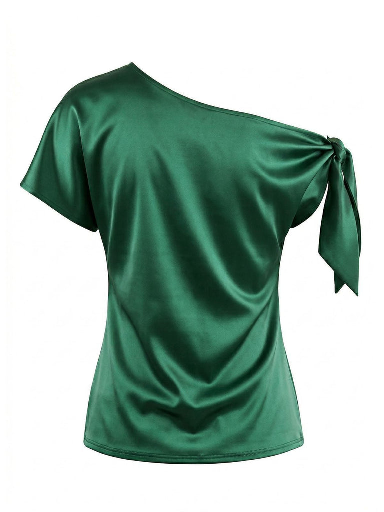Grünes, einfarbiges Satin-Top mit One-Shoulder-Schnitt und Bindeknoten im Vintage-Stil der 1930er Jahre, ideal für formelle Anlässe und Retro-Mode.