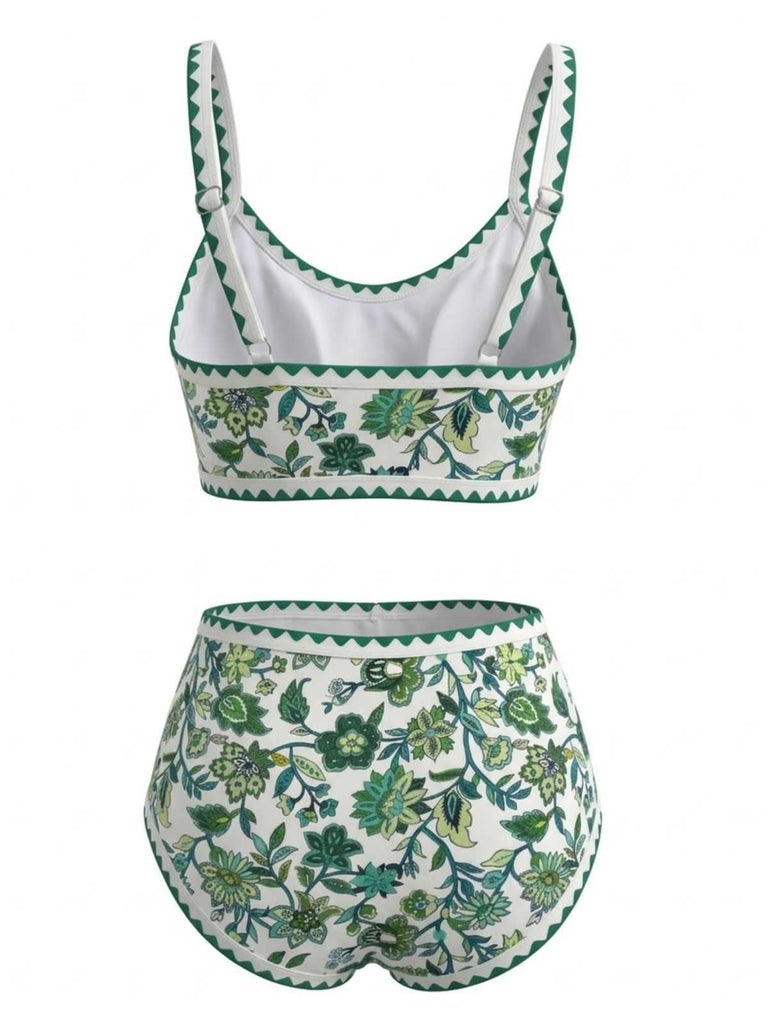 Rückansicht des grünen, geblümten Bikini-Sets mit hohem Bund.