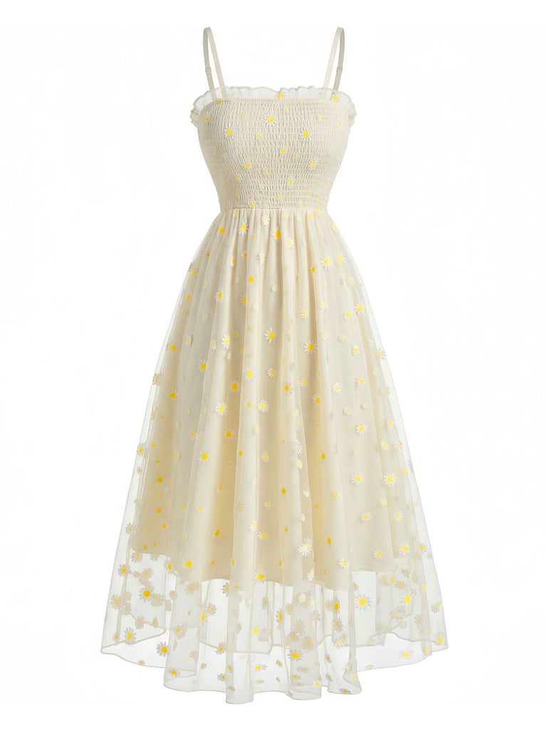 Hellgelbes 1950er Gänseblümchen besticktes gesmoktes Tüll Midikleid