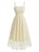 Hellgelbes 1950er Gänseblümchen besticktes gesmoktes Tüll Midikleid