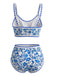 Rückansicht des blauen, geblümten Bikini-Sets mit hohem Bund, bei dem das Höschen die volle Bedeckung bietet und das Oberteil einen tiefen Rückenausschnitt hat.
