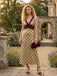 Dunkelkhakifarbenes Maxikleid im Stil der 1930er Jahre mit Polka-Dots und Neckholder aus Spitze