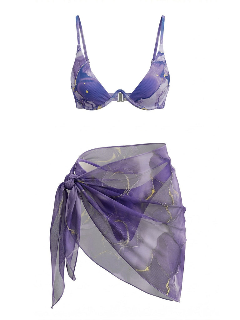 Lila 1980er Marmor-Print Triangel Bikini Set & Cover-Up