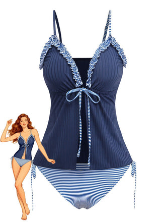 Marineblau gestreifter Tankini mit Rüschenoberteil zum Binden vorne im Vintage-Bademodenstil der 1950er Jahre.