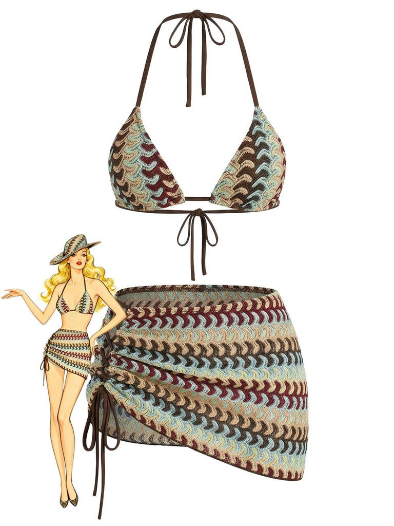 Mehrfarbiges Tankini-Set im Stil der 1970er Jahre mit Print, 3-teilig