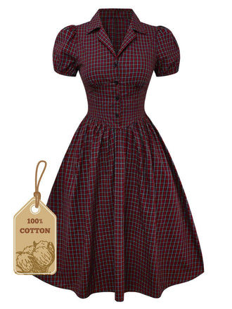 [Vorverkauf] Rot 1950er Plaid Revers Puffärmel Baumwolle Kleid