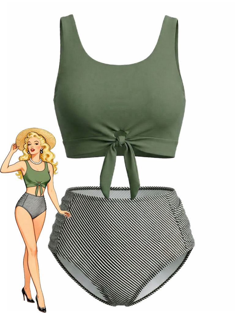 Vintage-Tankini in Olivgrün im Stil der 1940er Jahre mit Bindeband vorne und hochgeschnittenem Höschen – perfekt für einen schmeichelhaften Retro-Look am Strand oder Pool.