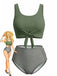 Vintage-Tankini in Olivgrün im Stil der 1940er Jahre mit Bindeband vorne und hochgeschnittenem Höschen – perfekt für einen schmeichelhaften Retro-Look am Strand oder Pool.