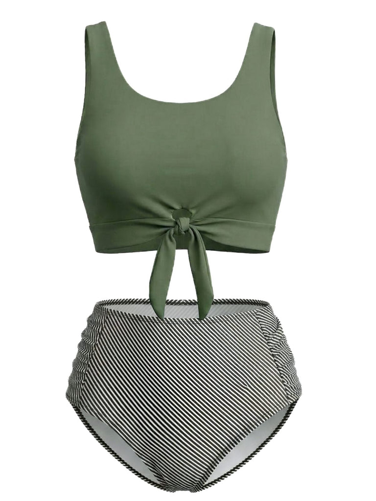 Vintage-Tankini in Olivgrün im Stil der 1940er Jahre mit Bindeband vorne und hochgeschnittenem Höschen – perfekt für einen schmeichelhaften Retro-Look am Strand oder Pool.