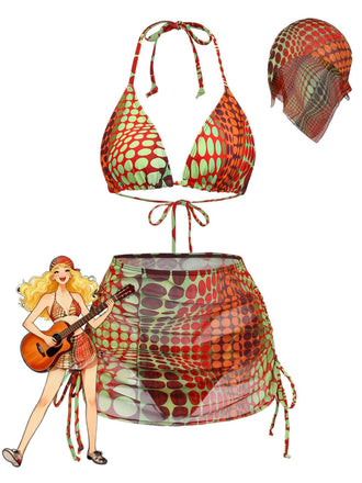 Orange 1960er Psychedelisch Polka Dot Netz Bikini Set