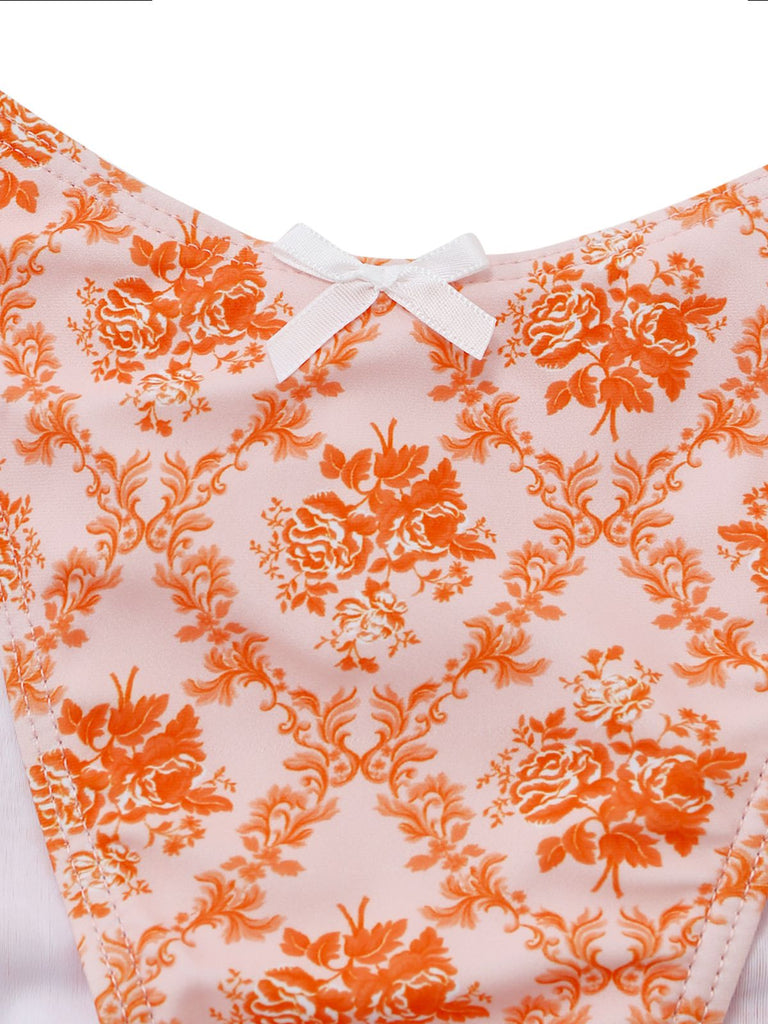 Orange 1970er Tief V-Ausschnitt Blumen Druck Tankini Set