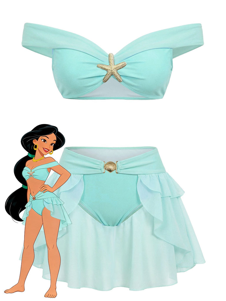 Vintage-Bikini-Set in Türkis mit schulterfreiem Rüschenoberteil, inspiriert von Prinzessin Jasmin im Boho-Stil der 1970er Jahre, perfekt für Strandurlaube und zum Entspannen am Pool.