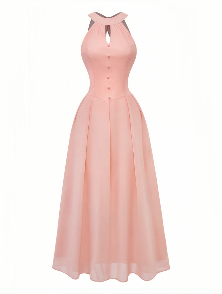 Pfirsich 1940er Halter Cutout Knopfleiste Maxi Kleid