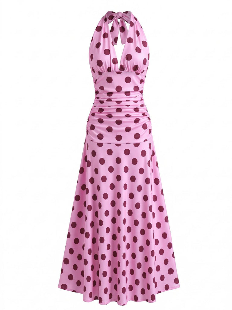 Pfirsichrosa Polka-Dot-Midikleid im Stil der 1930er Jahre mit V-Ausschnitt und Neckholder, Größe 3