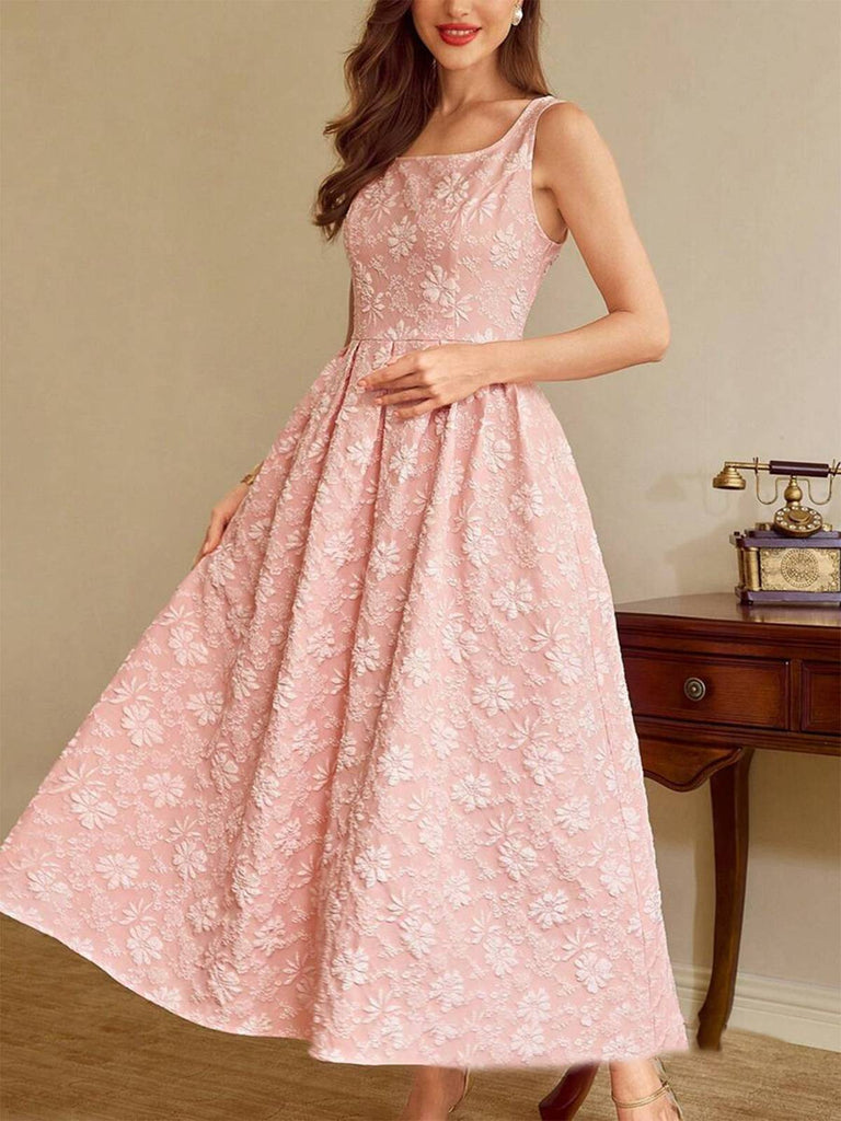 Ärmelloses, pinkfarbenes Maxikleid im Stil der 1930er Jahre mit Blumenjacquardmuster – Vintage-Kleid, Retro-Mode, Rockabilly