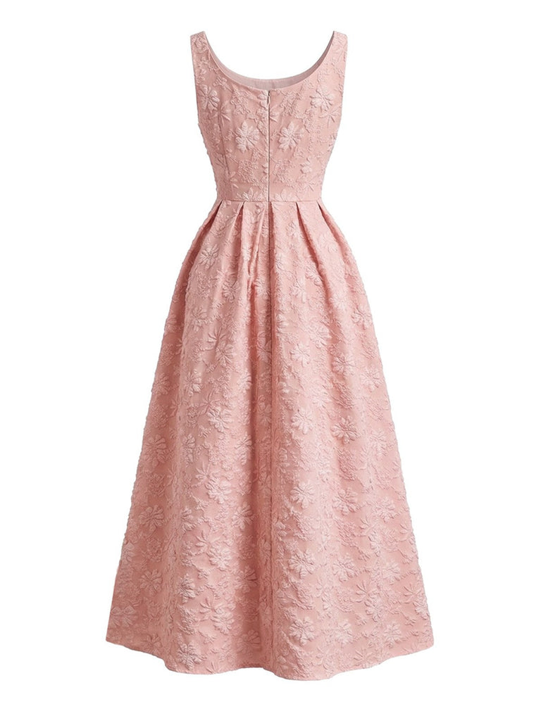 Ärmelloses, pinkfarbenes Maxikleid im Stil der 1930er Jahre mit Blumenjacquardmuster – Vintage-Kleid, Retro-Mode, Rockabilly