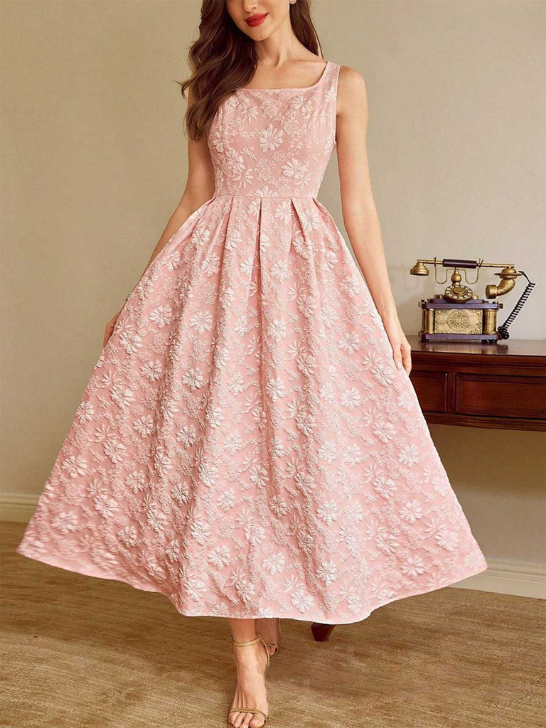 Ärmelloses, pinkfarbenes Maxikleid im Stil der 1930er Jahre mit Blumenjacquardmuster – Vintage-Kleid, Retro-Mode, Rockabilly