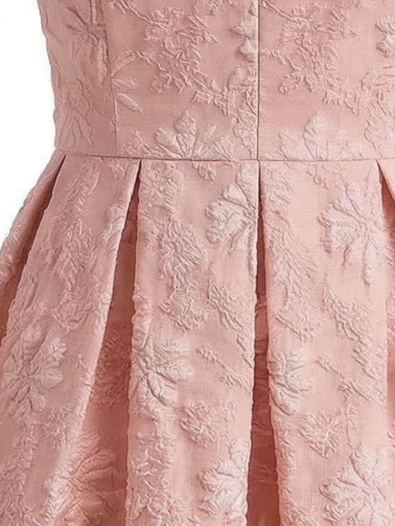 Ärmelloses, pinkfarbenes Maxikleid im Stil der 1930er Jahre mit Blumenjacquardmuster – Vintage-Kleid, Retro-Mode, Rockabilly
