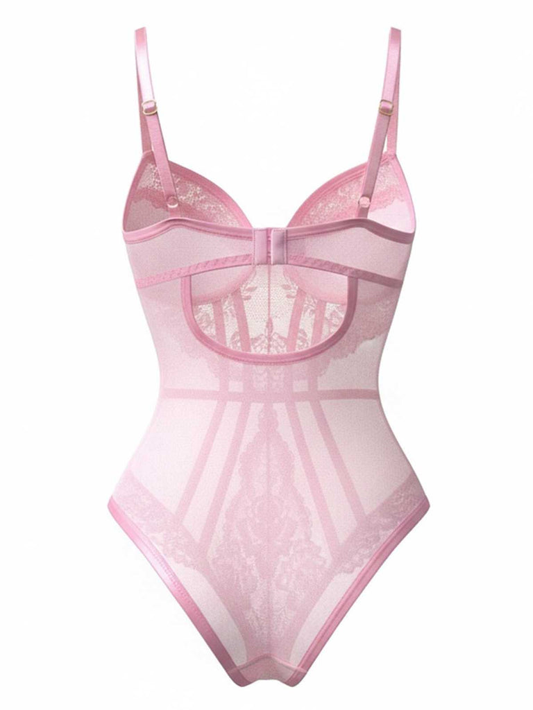 Rückansicht des pinkfarbenen Bodys, die die verstellbaren Schulterträger und das transparente Netzrückenteil zeigt.