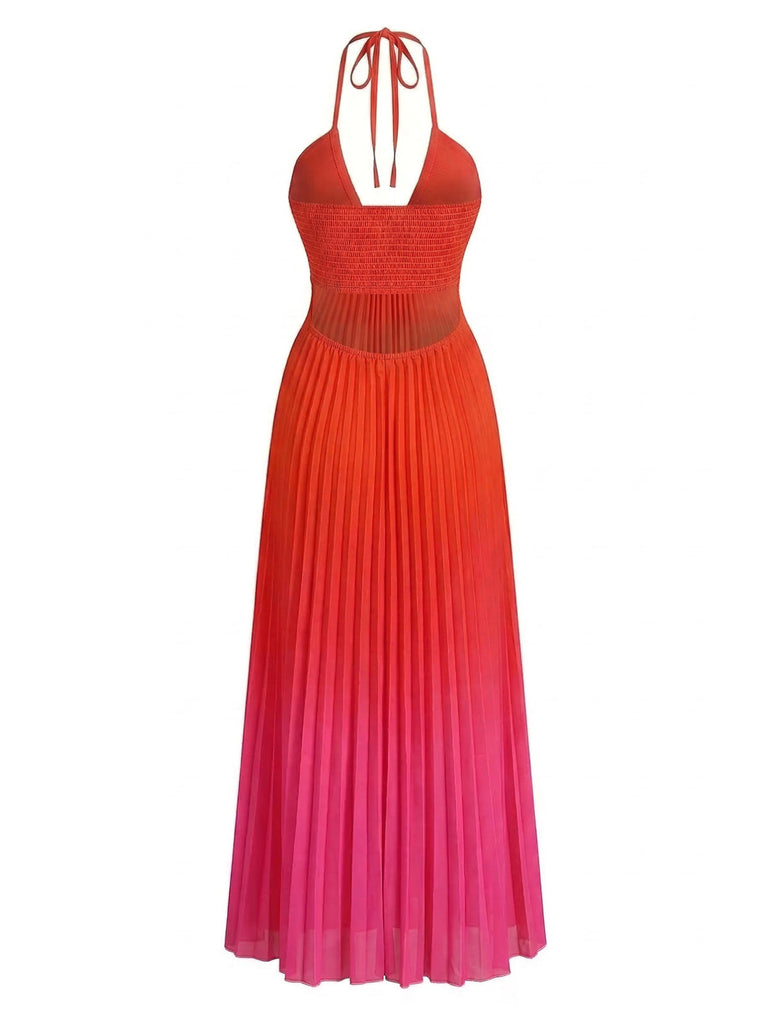 Rotes Maxikleid im Stil der 1930er Jahre mit Farbverlauf, Neckholder, Falten und Cut-outs, Rückansicht