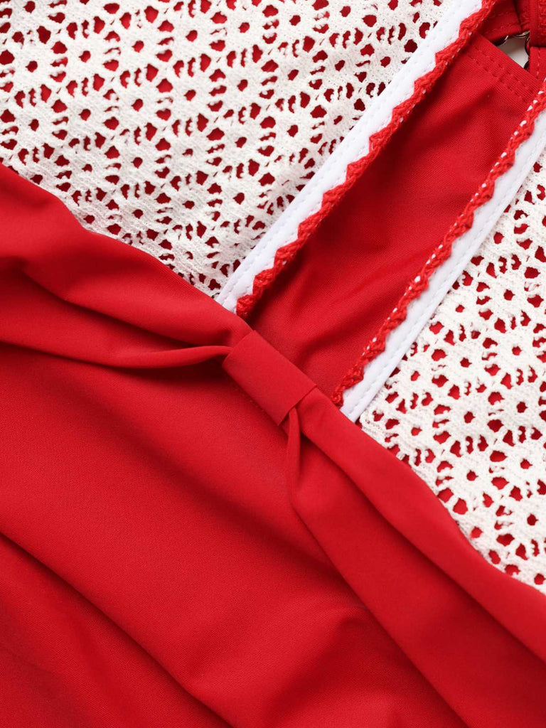 Roter Stoff mit weißer Spitzenborte