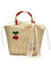 Retro-Strohtasche mit Kirschapplikation, Schleife und Kordelzug – Vintage-Mode, Retro-Stil