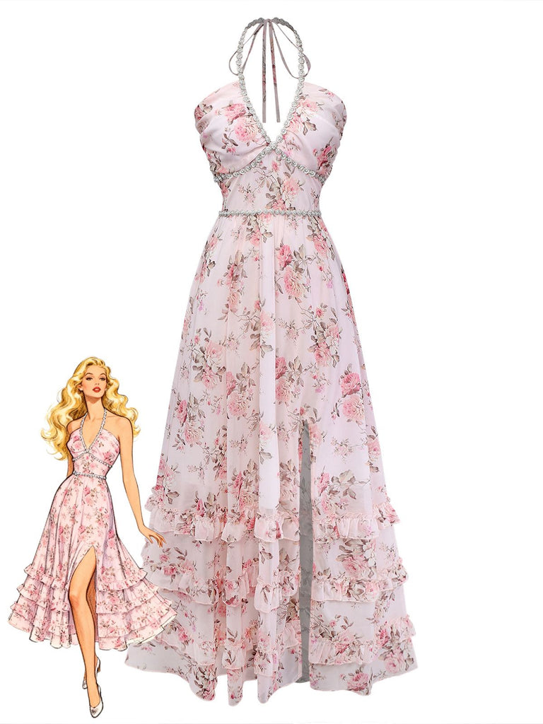 Blumenkleid mit einem Model vor weißem Hintergrund