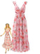 Rosa Maxikleid aus Chiffon mit Blumenmuster im Stil der 1930er Jahre, tiefer V-Ausschnitt am Rücken – Vintage-Kleid, Retro-Mode