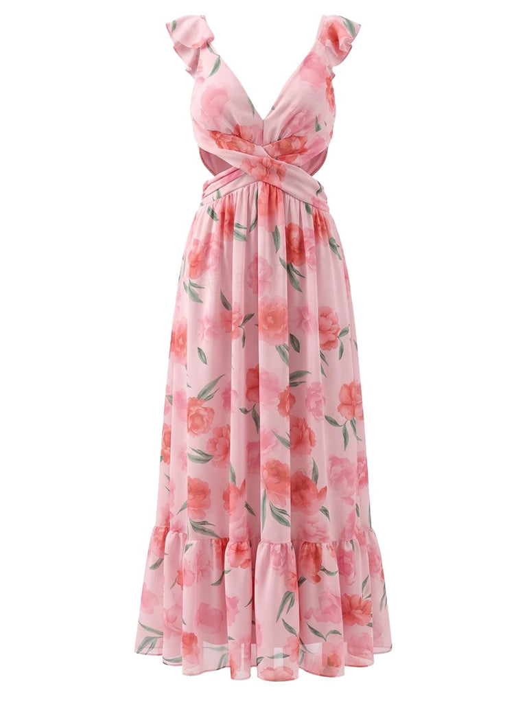 Rosa Maxikleid aus Chiffon mit Blumenmuster im Stil der 1930er Jahre, tiefer V-Ausschnitt am Rücken – Vintage-Kleid, Retro-Mode