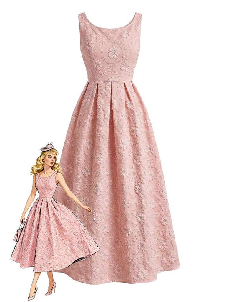 Ärmelloses, pinkfarbenes Maxikleid im Stil der 1930er Jahre mit Blumenjacquardmuster – Vintage-Kleid, Retro-Mode, Rockabilly