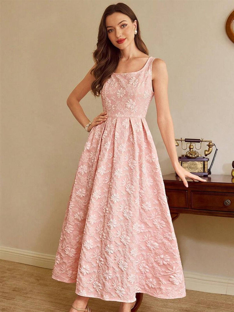 Ärmelloses, pinkfarbenes Maxikleid im Stil der 1930er Jahre mit Blumenjacquardmuster – Vintage-Kleid, Retro-Mode, Rockabilly