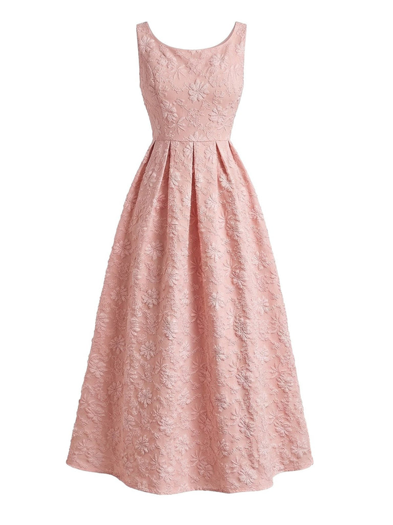 Ärmelloses, pinkfarbenes Maxikleid im Stil der 1930er Jahre mit Blumenjacquardmuster – Vintage-Kleid, Retro-Mode, Rockabilly