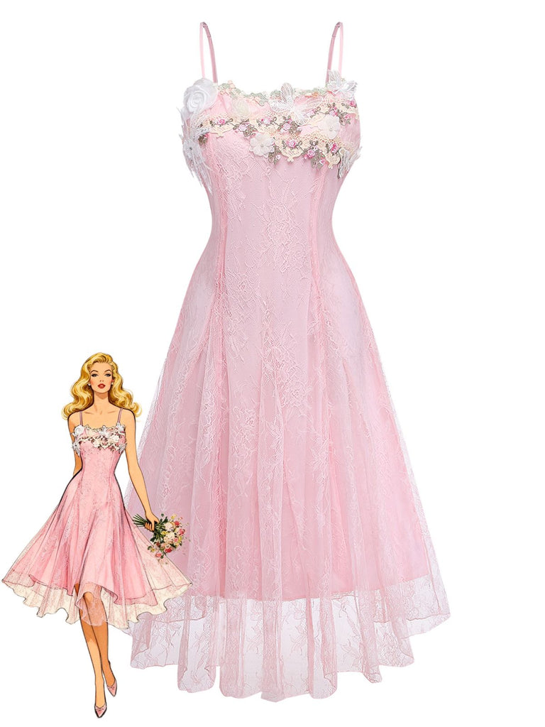 Rosa 1940er Blumen Spitze Spaghetti-Strap Maxi Kleid