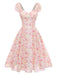 [Vorverkauf] Rosa Chiffonkleid mit Blumenmuster und Schleife im Stil der 1950er Jahre, Größe 2