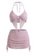 3-teiliges Rosa 1950er Halter-Plissiertes Twist Bikini-Set & Überwurf