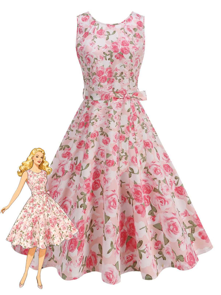 Ein ärmelloses A-Linien-Kleid im Vintage-Stil mit romantischem rosa Rosenmuster auf weißem Grund und passendem Taillenband.