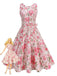 Ein ärmelloses A-Linien-Kleid im Vintage-Stil mit romantischem rosa Rosenmuster auf weißem Grund und passendem Taillenband.