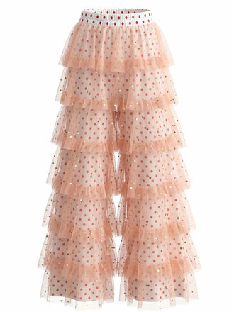 Rosa 1970er Polka Dot Tüll Gestuft Rüschen Hose