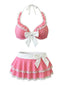 [Vorverkauf] Rosa 1980er Polka Dot Spitze Patchwork Bogen Bikini Set