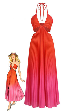 Elegantes rotes Maxikleid im Stil der 1930er Jahre mit Farbverlauf, Faltenrock und Neckholder-Ausschnitt, ideal für formelle Vintage-Galas.