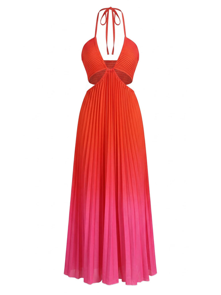 Rotes Neckholderkleid im Retro-Stil der 1930er Jahre mit Farbverlauf, Falten und sexy Ausschnitten – perfekt für einen Abendball.