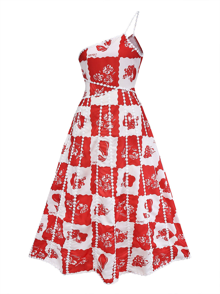 Rotes Spaghettiträgerkleid im Stil der 1930er Jahre mit Karomuster, Blumen- und Fruchtprint