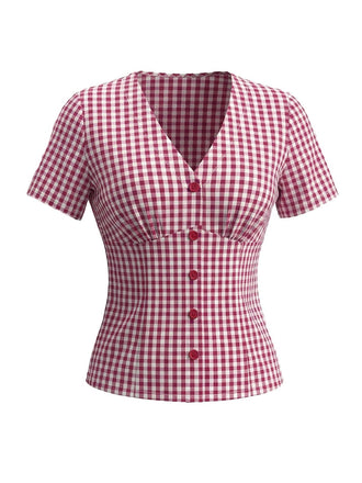 Vintage-Bluse aus rot-weiß kariertem Stoff im 50er-Jahre-Stil mit V-Ausschnitt und taillierter Passform aus Baumwolle für lässige Retro-Kleidung